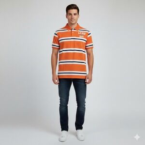 Aeropostale Mens Orange Striped Short Sleeve Polo Shirt Aero 1987 Large 7907AS13